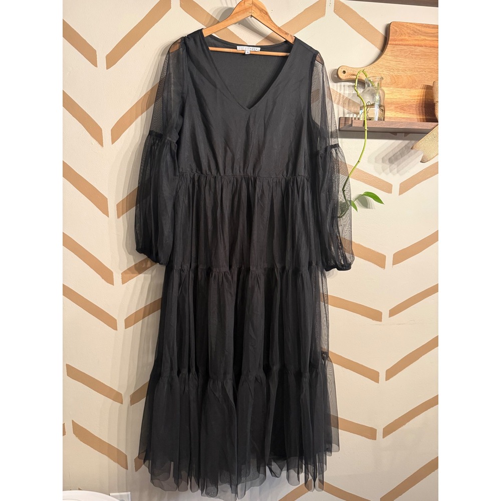 Baltic Born Tulle Dress Womens Medium Black V-Neck Tiered Mesh LD1280BB